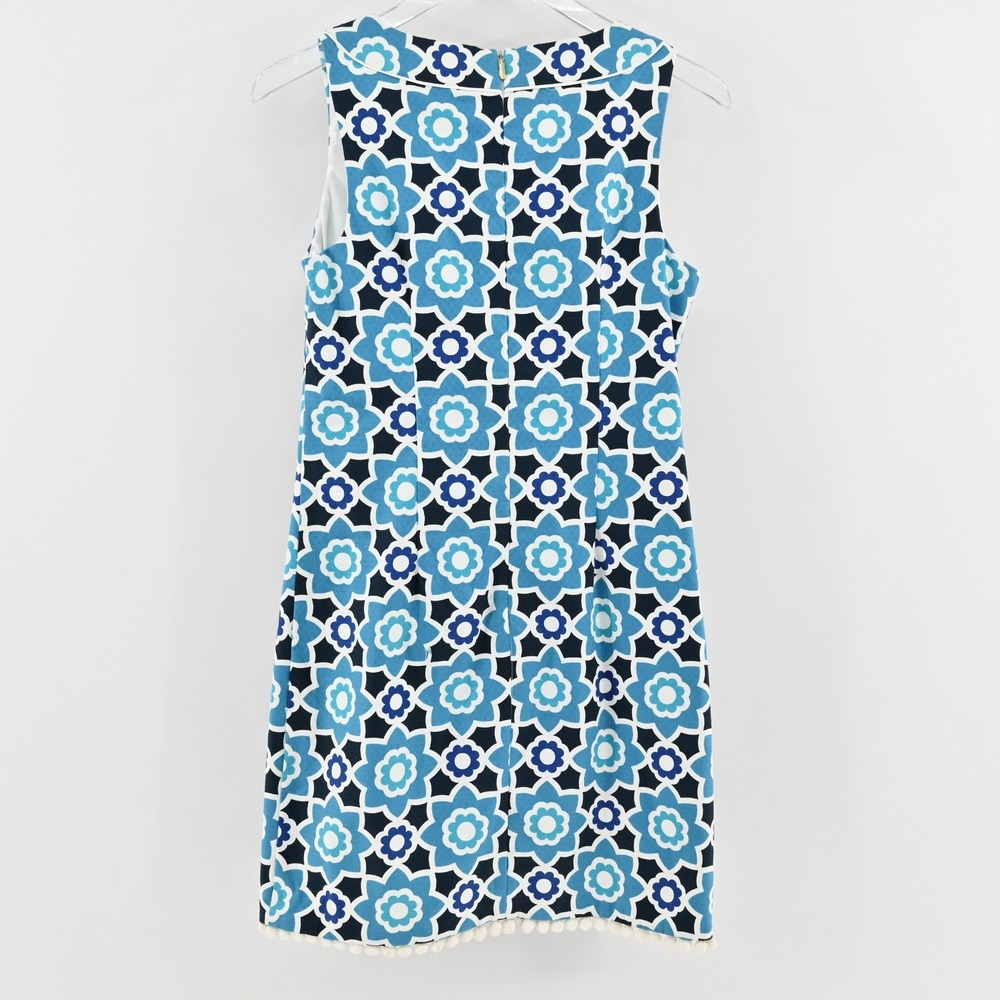 Trina Turk Moroccan Print Shift Dress Size 2 Blue Floral Sleeveless Pom Pom Trim - Picture 3 of 13